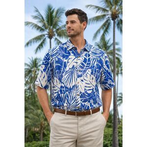 NWT Tommy Bahama 100% Silk Shirt Palm Leaf Blue $138.00 Hawaiian Tropical
